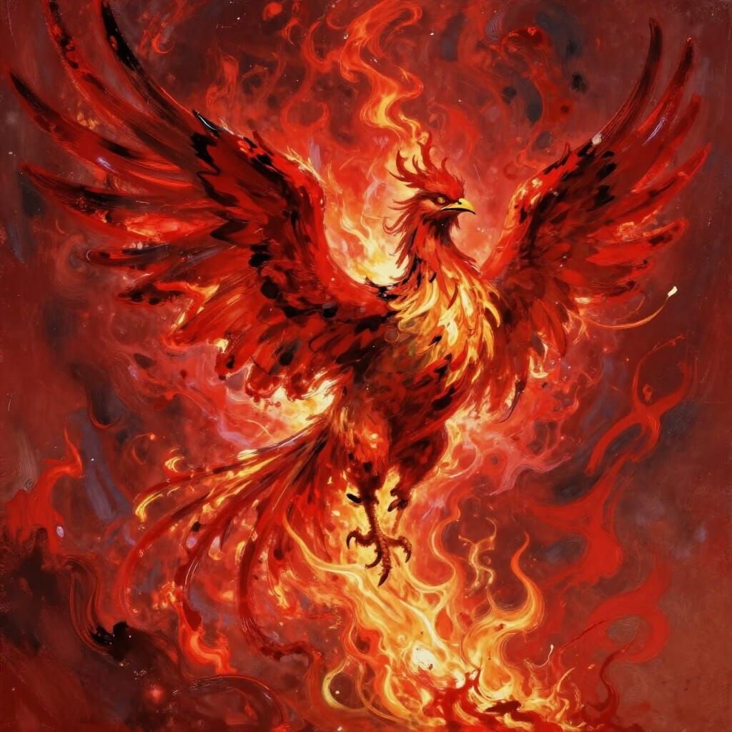 Expressionist Phoenix Rising From Red Flames