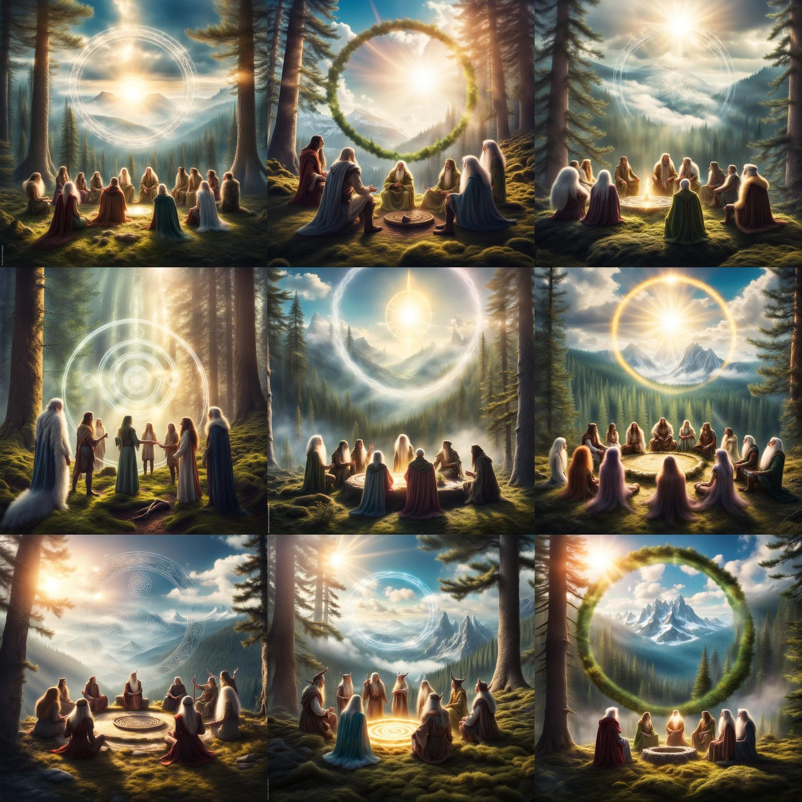 Fantasy Druid Meeting in Conifer Forest