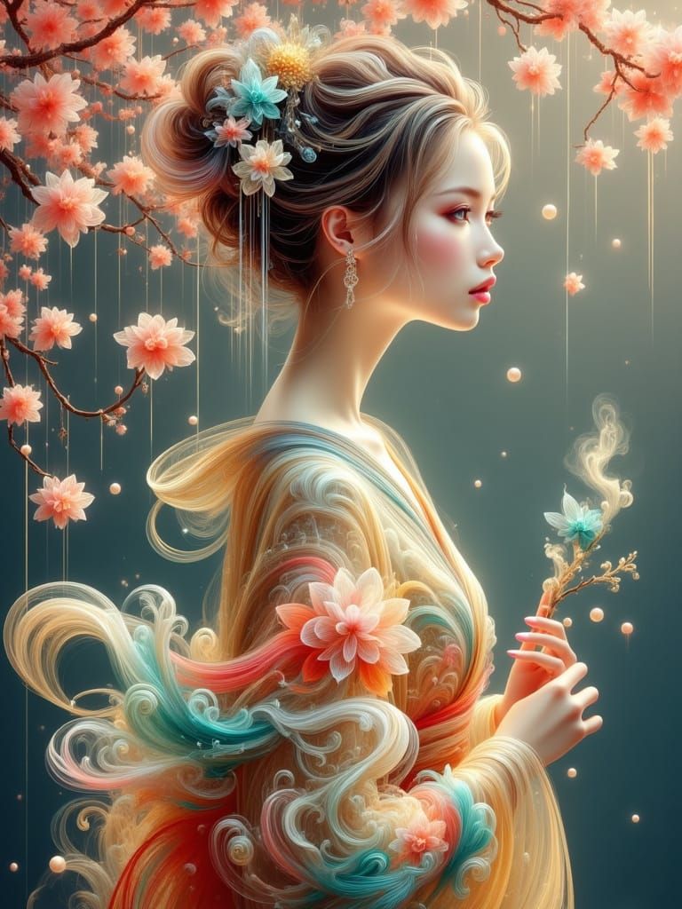 Geisha with Crystal Headpiece in Art Nouveau Style