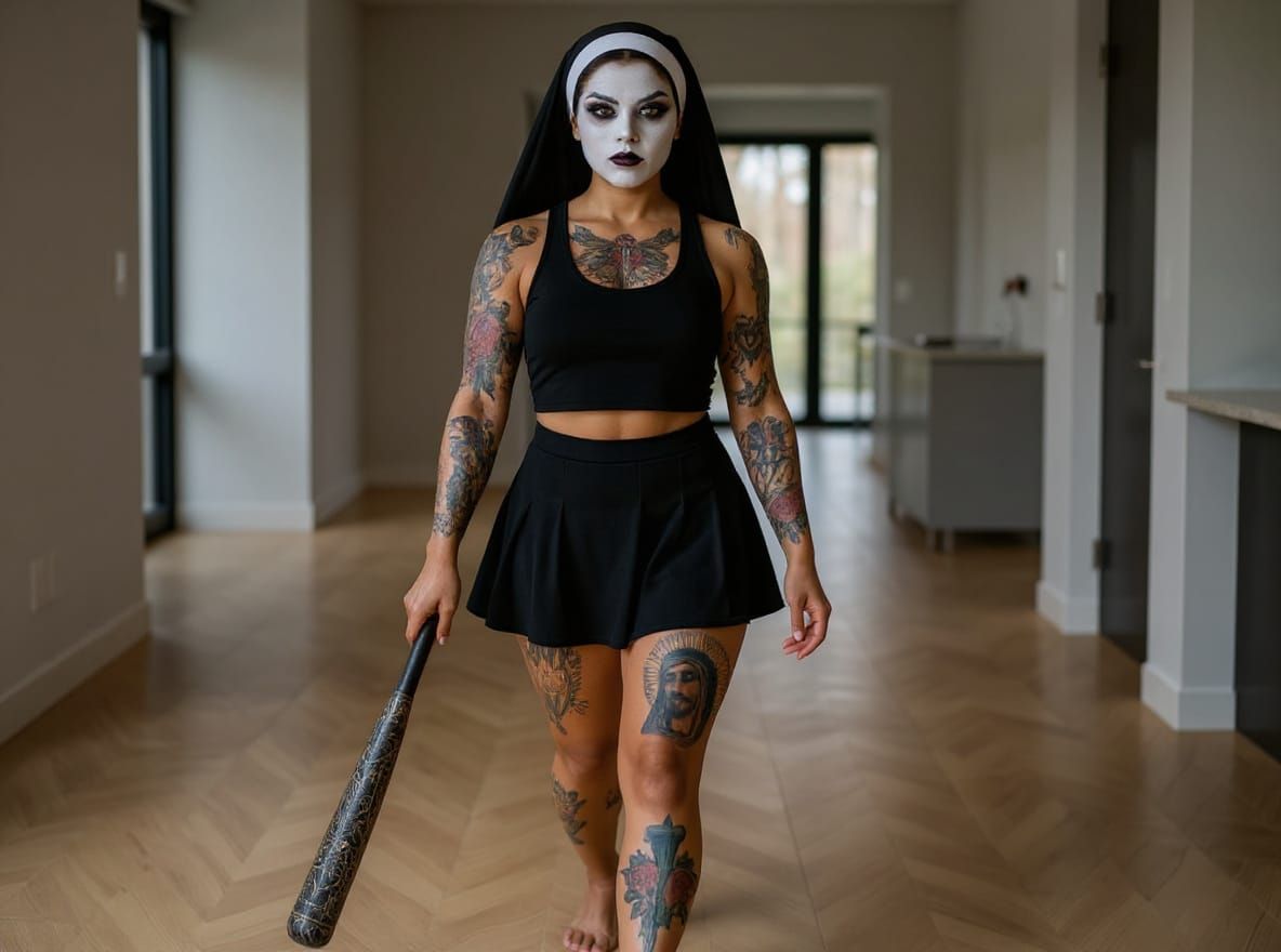 Tanned Nun with Tattoos in Modern Home