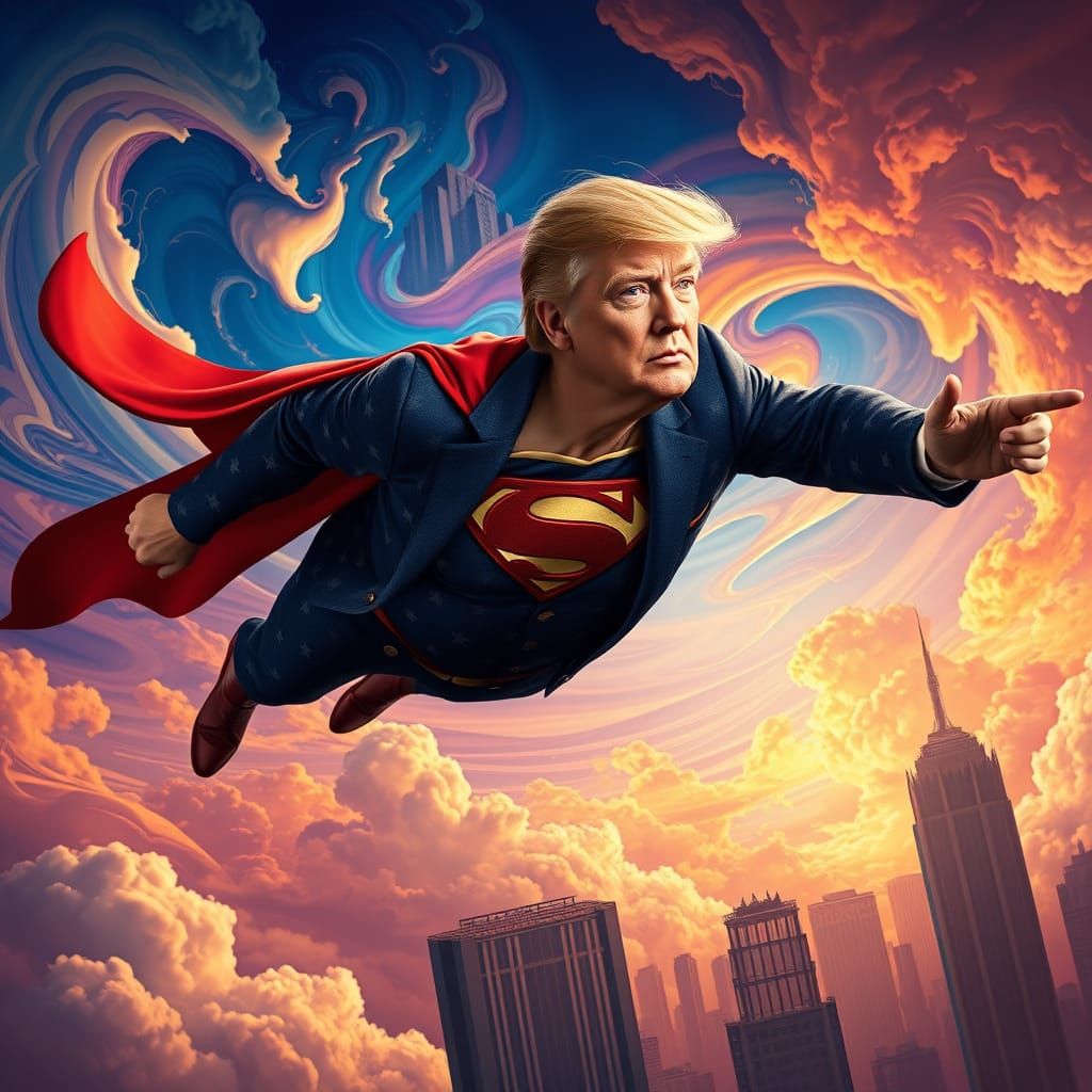 Superman Trump Soars Through a Dreamlike Sky