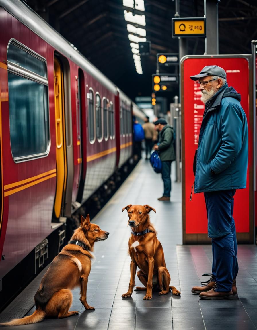 A man and his dogs are waiting for someone on the train stat...