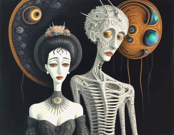 Surreal Figures with Daisy Heads in Modigliani Style