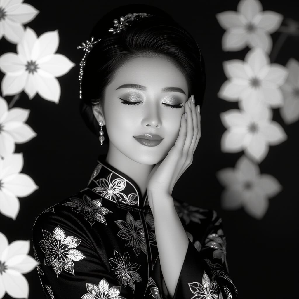 Elegant Chinese Woman Portrait in Film Noir Style