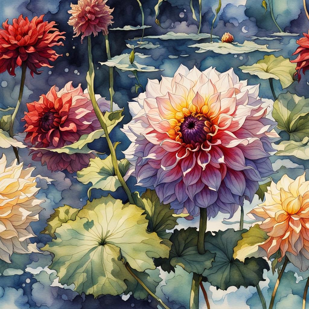 Elegant Dahlia Watercolor Painting with Dynamic Lighting