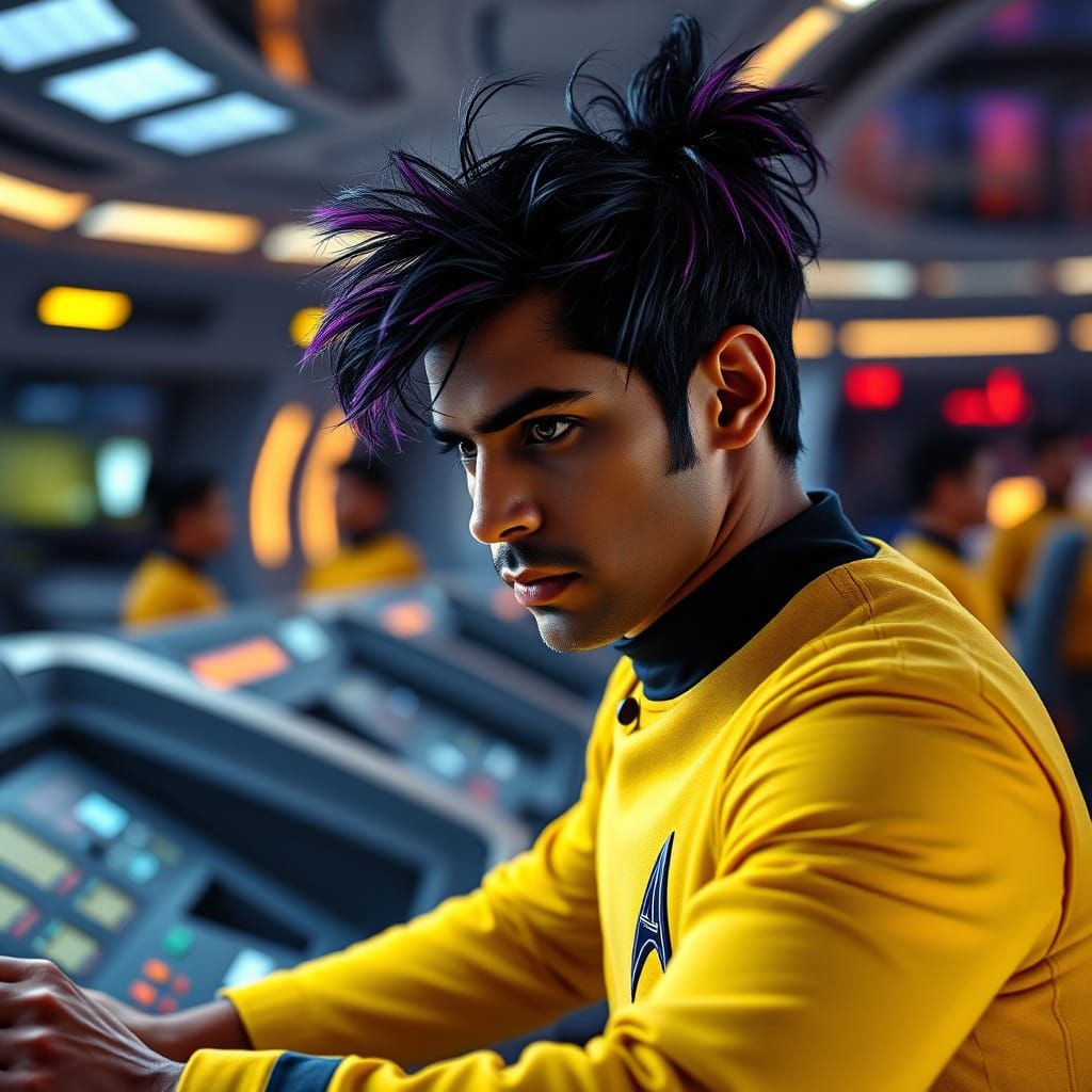 Epic Starfleet Officer in Neon Purple Hair, Focused on Stars...