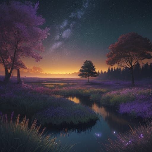 Ethereal Summer Night Scene with Swirling Fireflies