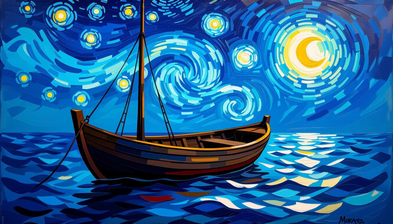 Ancient Boat Adrift Under Starry Sky in Impasto Oil Paint