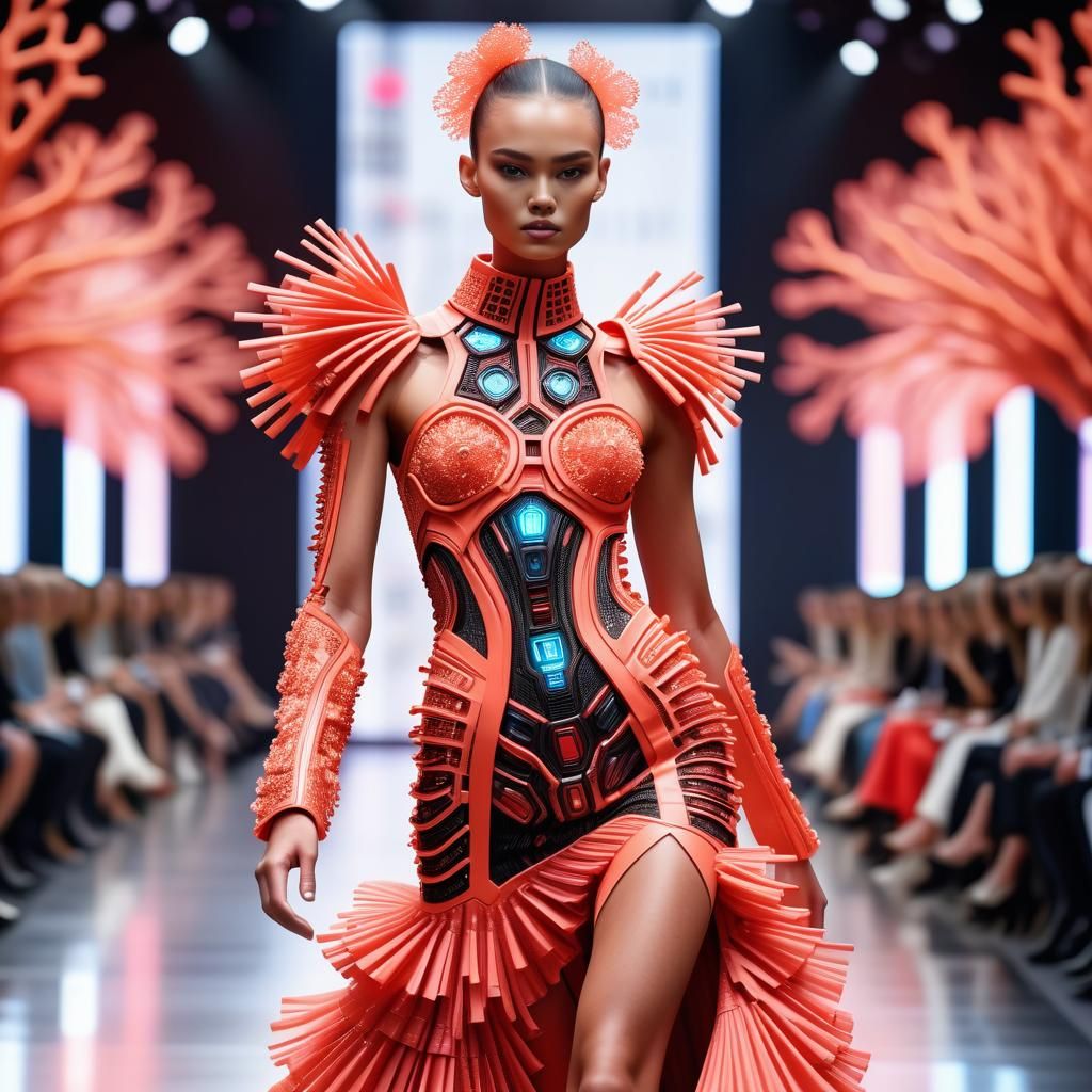 Elegant Biopunk Coral Gown in Cyberpunk Fashion Show
