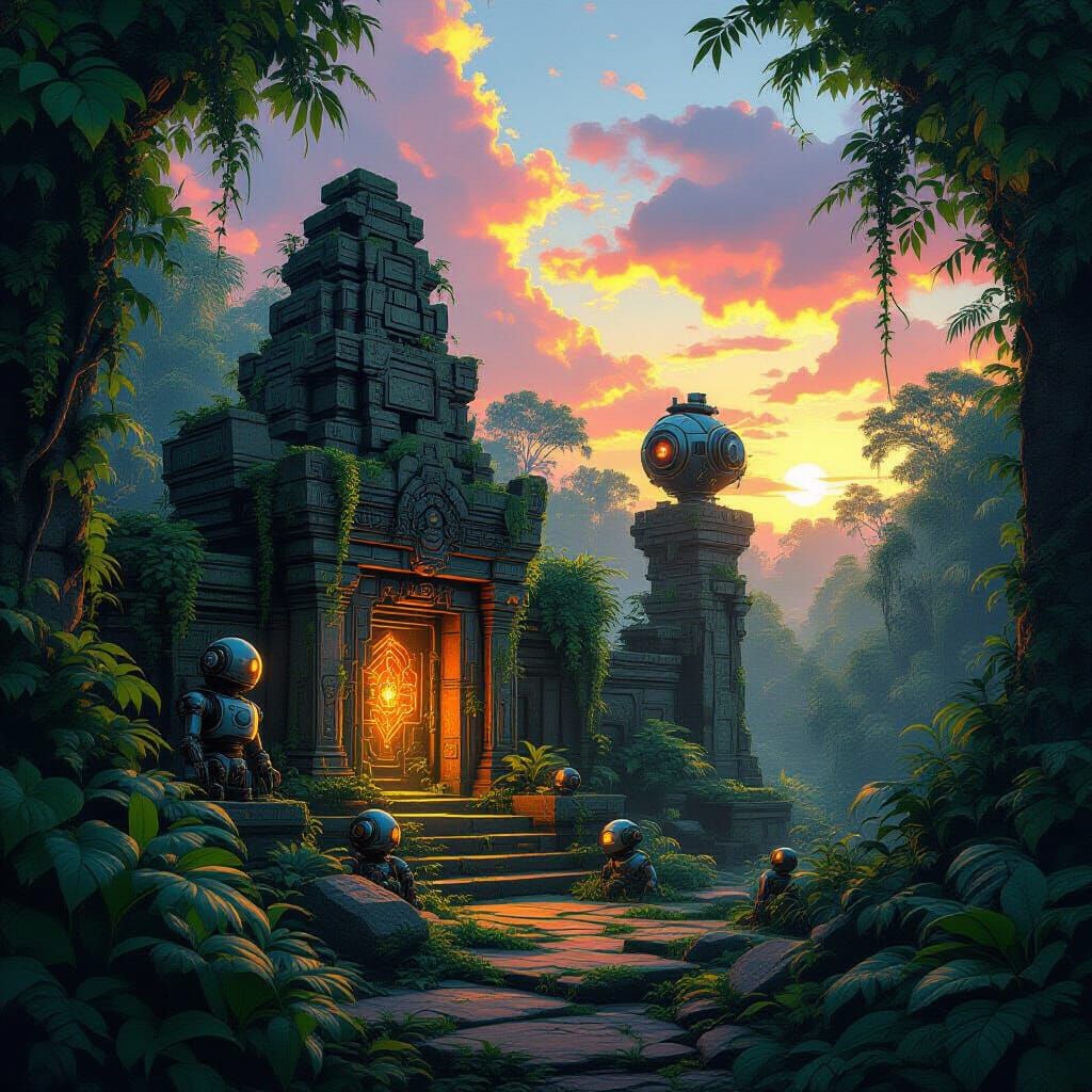 Steampunk Robots in Psychedelic Jungle Sunrise Ruins