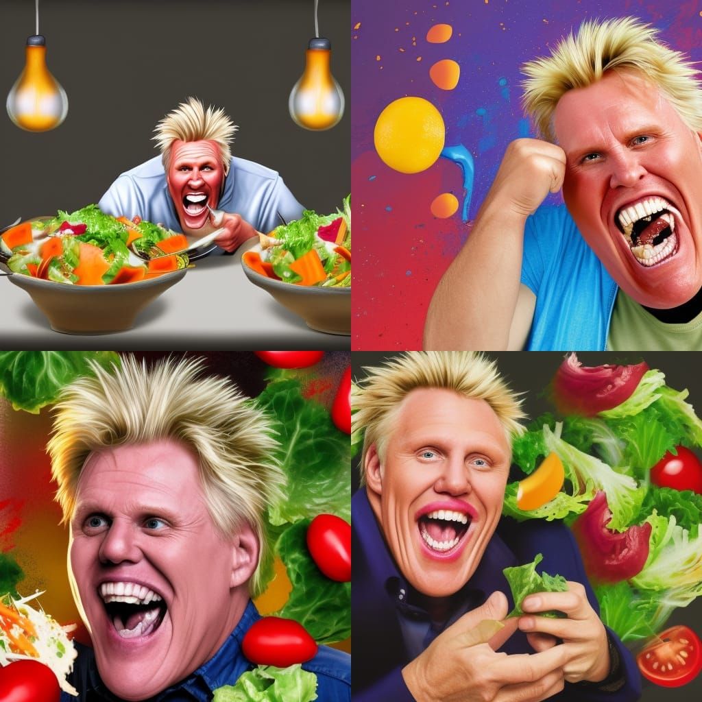 Hyperrealistic Gary Busey Laughing Eating Salad