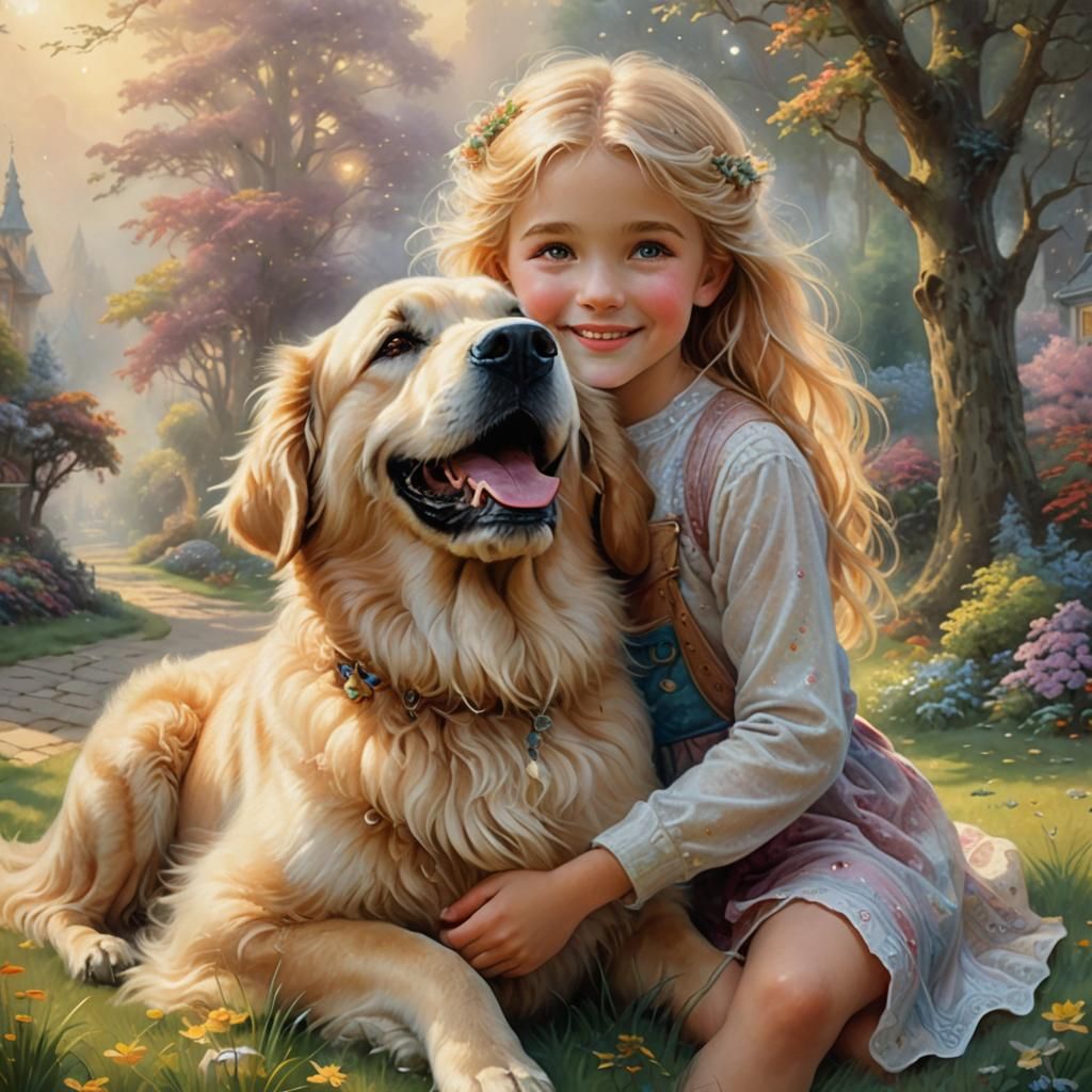 Girl and Dog Embrace in Ethereal Light