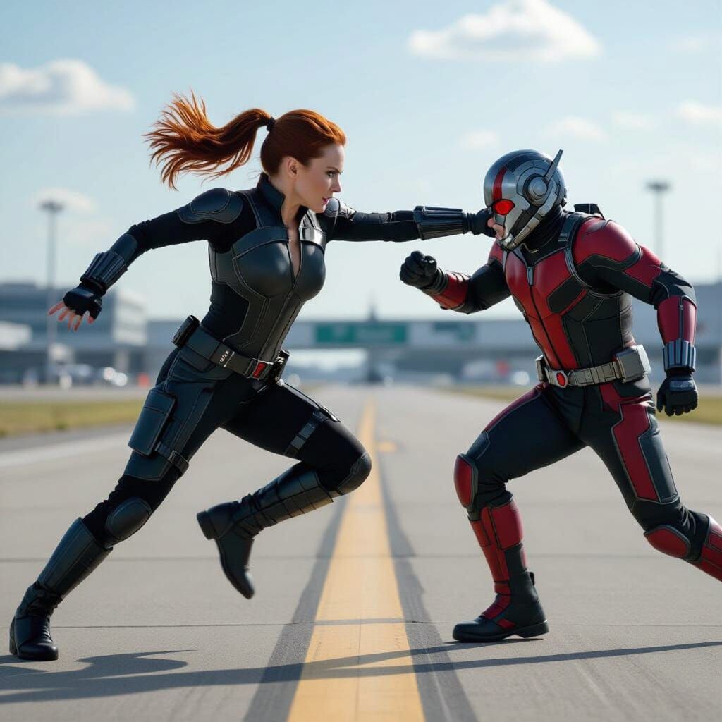 Superheroine Inspired by Black Widow Runs on Airport Runway