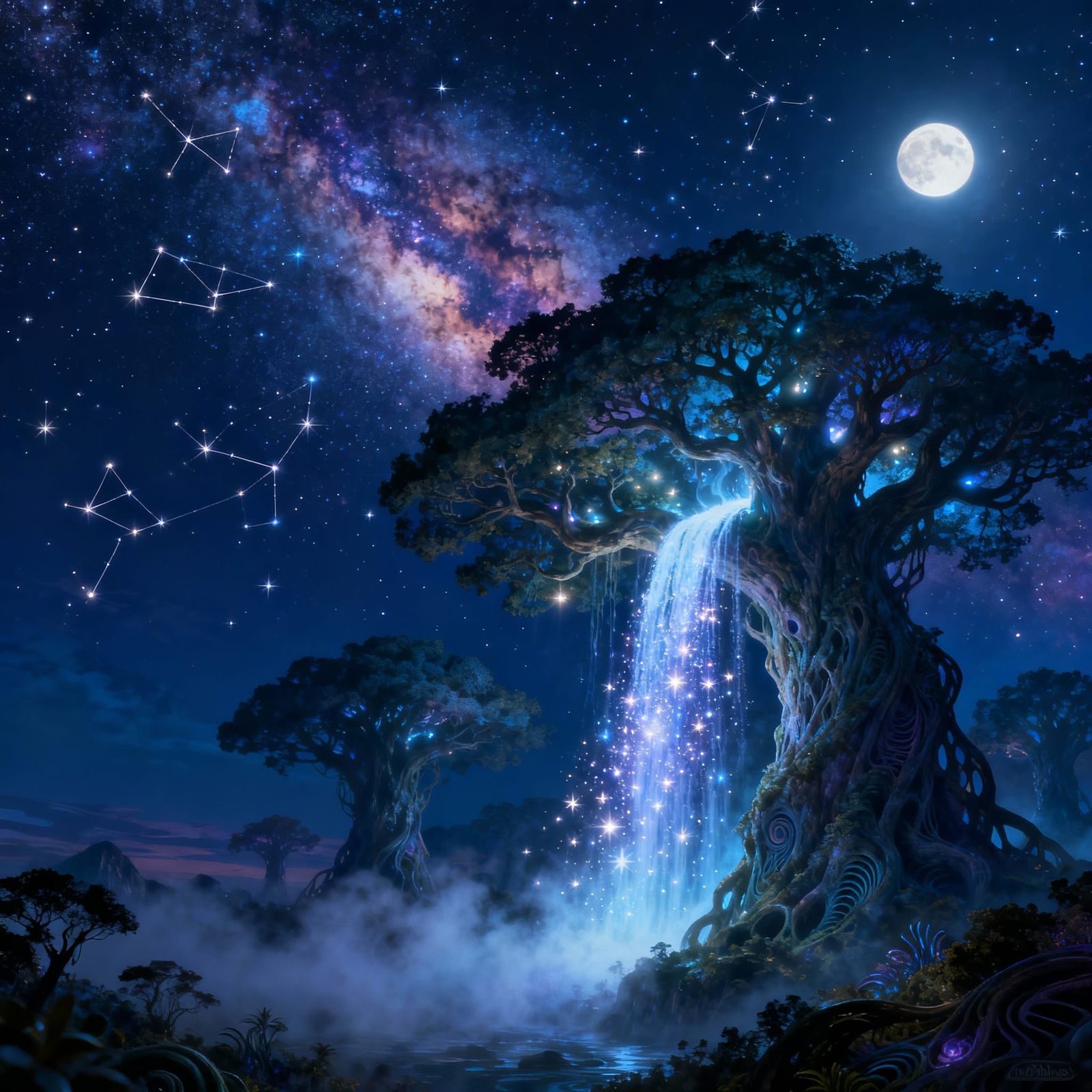 Starfall Waterfall Amidst Ethereal Alien Trees