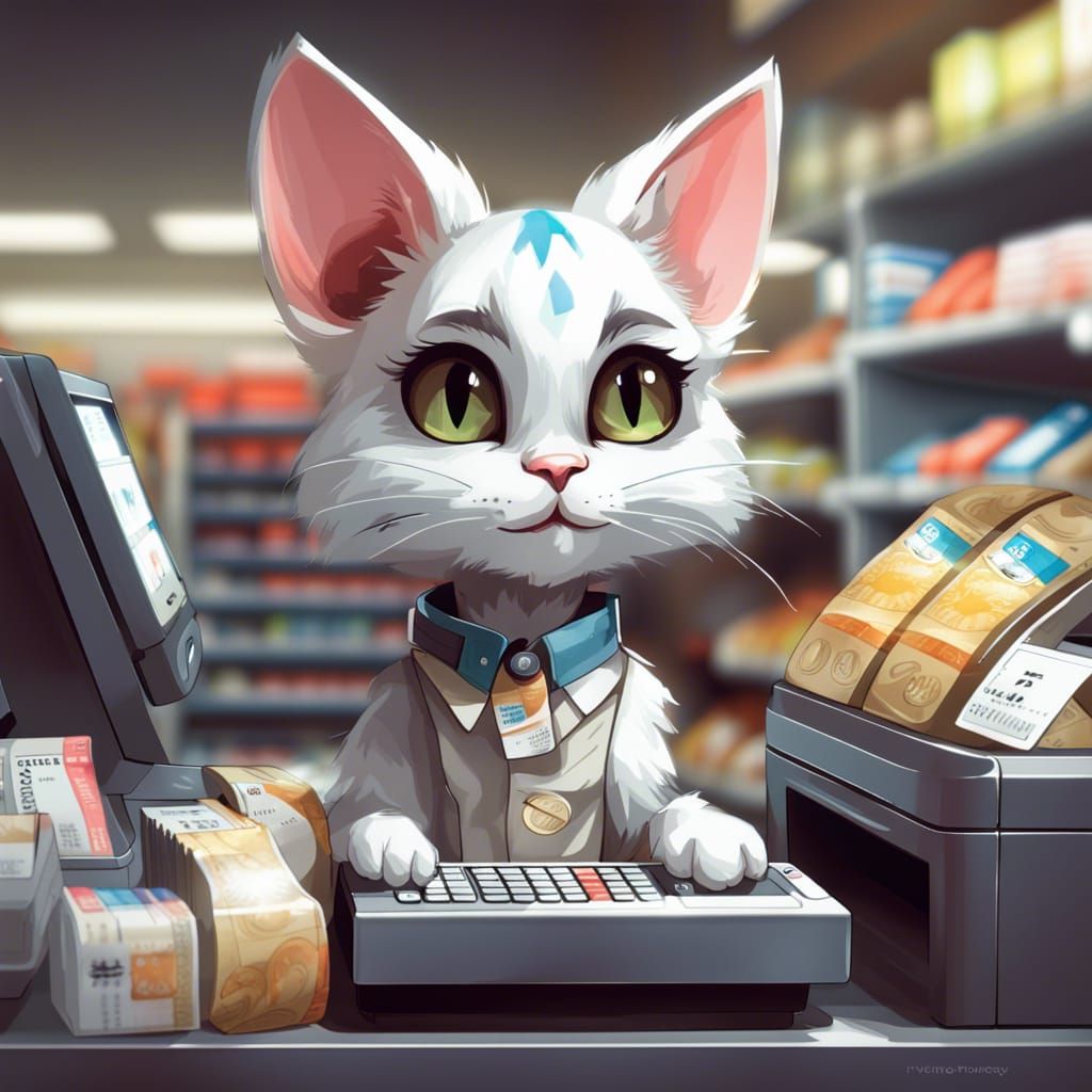 Happy Anthro Cat Cashier: Detailed Digital Art