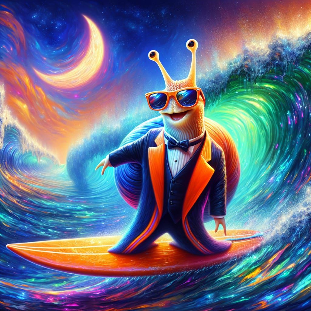 Surreal Snail Surfing a Neon Wave