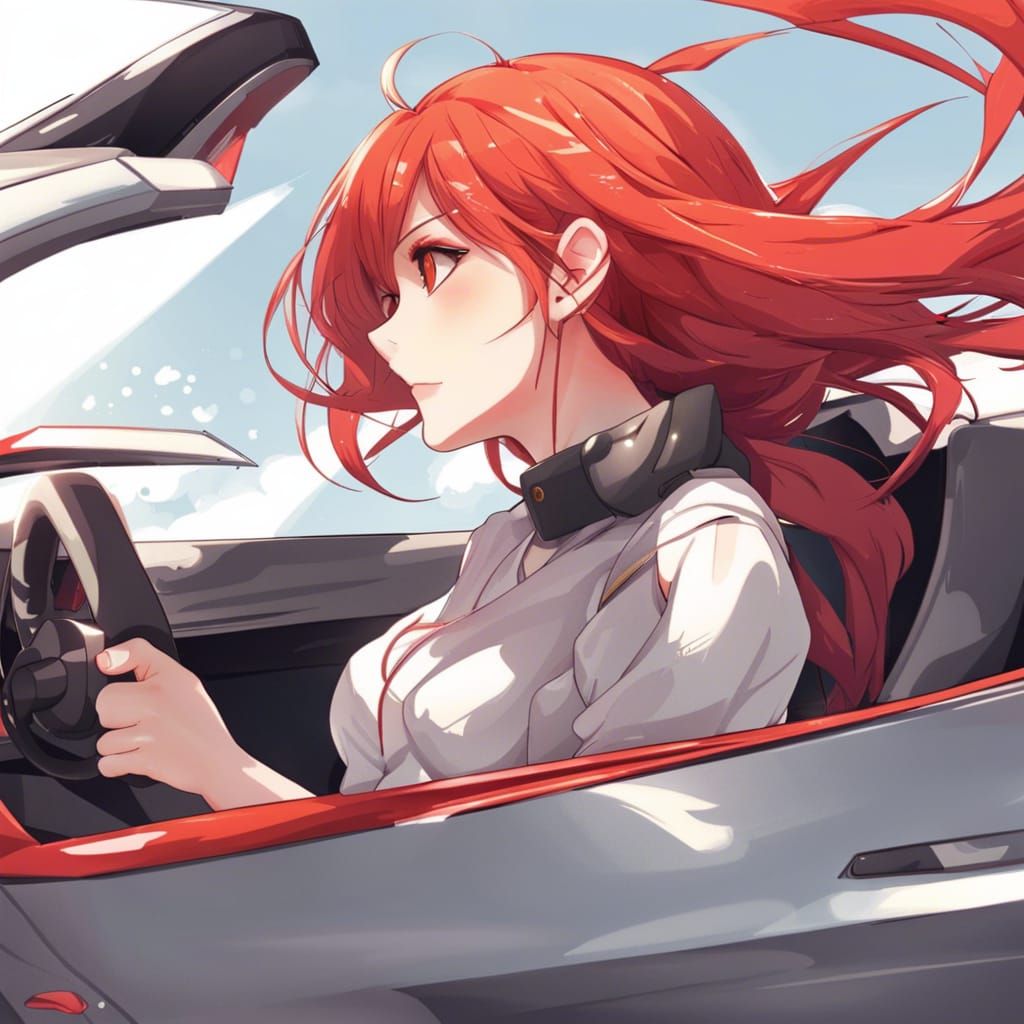 Red Hair Girl Driving Supercar in Anime Style