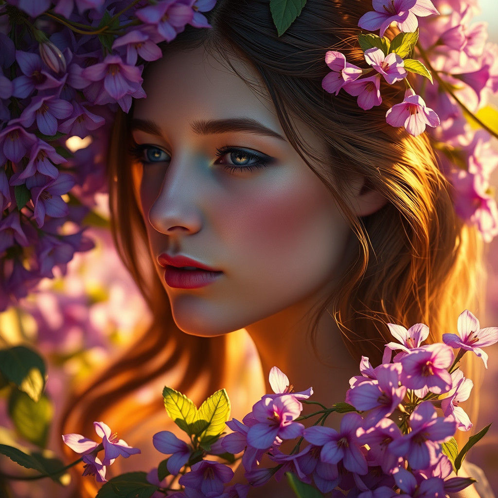 Woman Surrounded by Violets in Atmospheric Art Nouveau Style