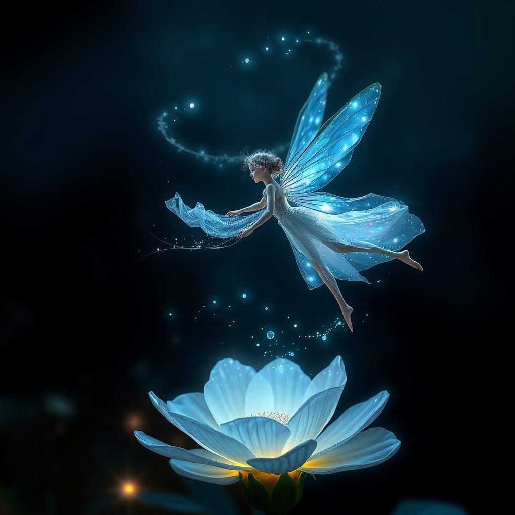 Ethereal Fairy Descends onto Shimmering Moonlit Flower