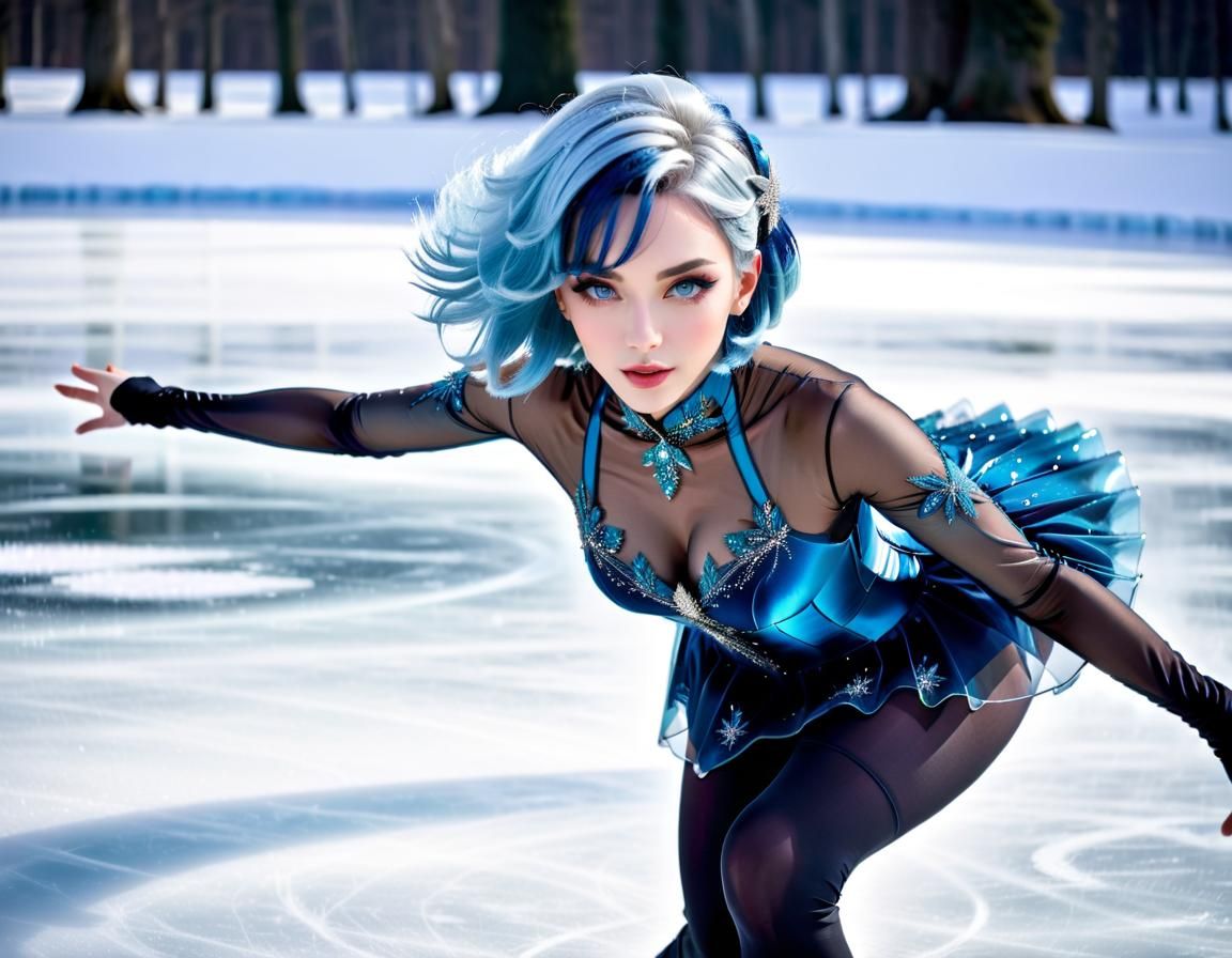 Blue-Haired Woman Ice Skating on Clear Pond