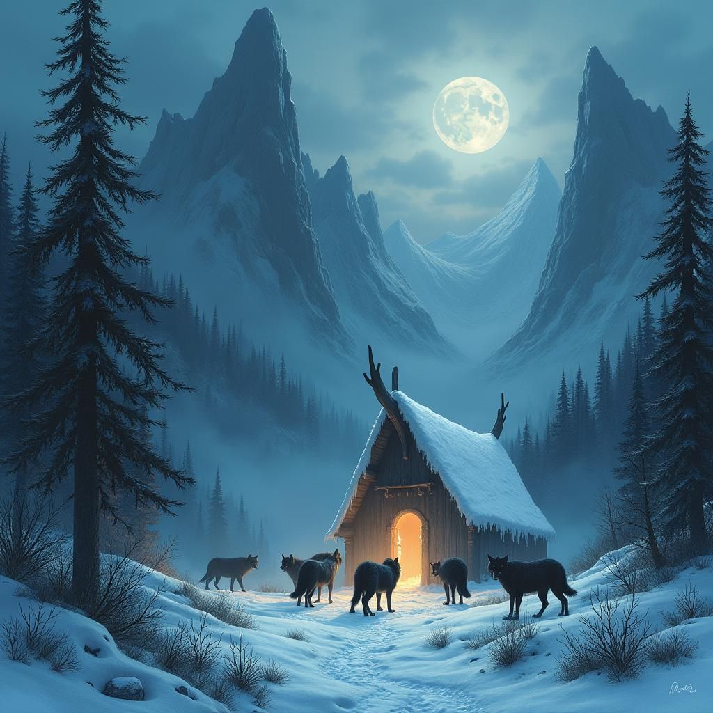 Werewolf Gathering in Snowy Mountain Landscape