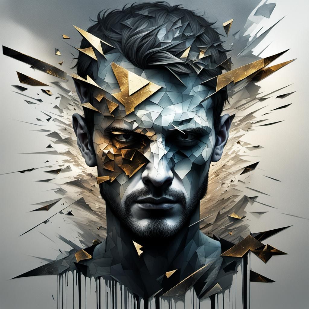 Fractured Reflection: Sad Man in Broken Mirror Shards