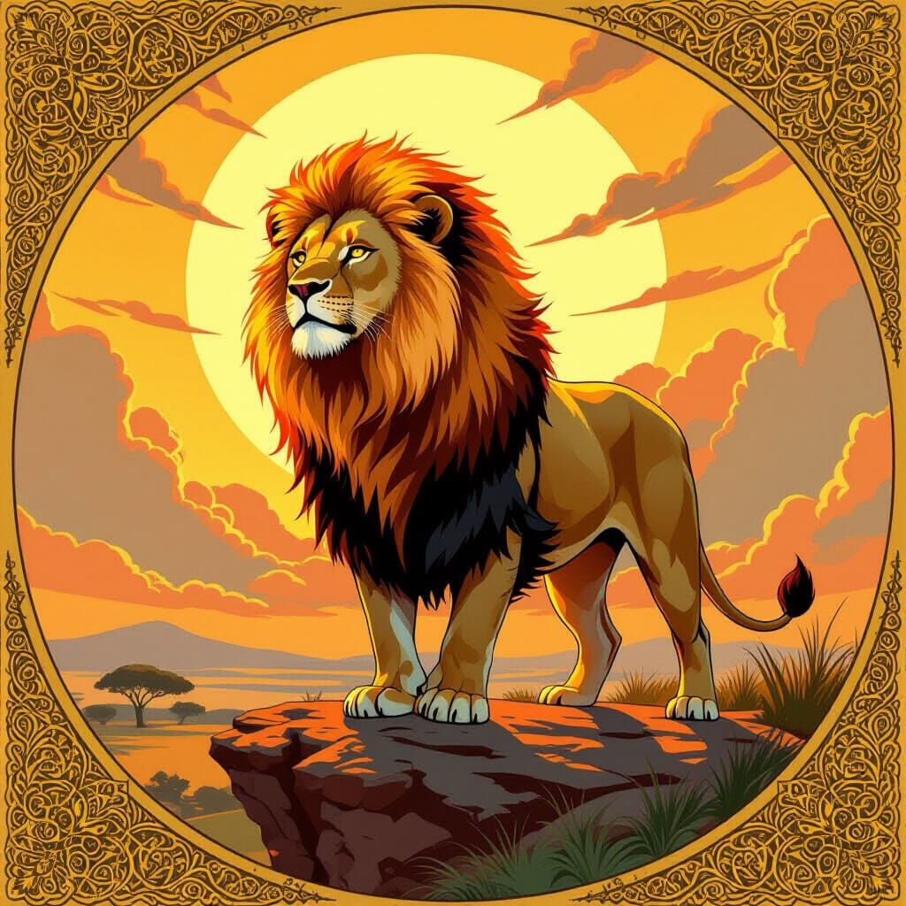 Lion with Flaming Mane in Art Nouveau Style