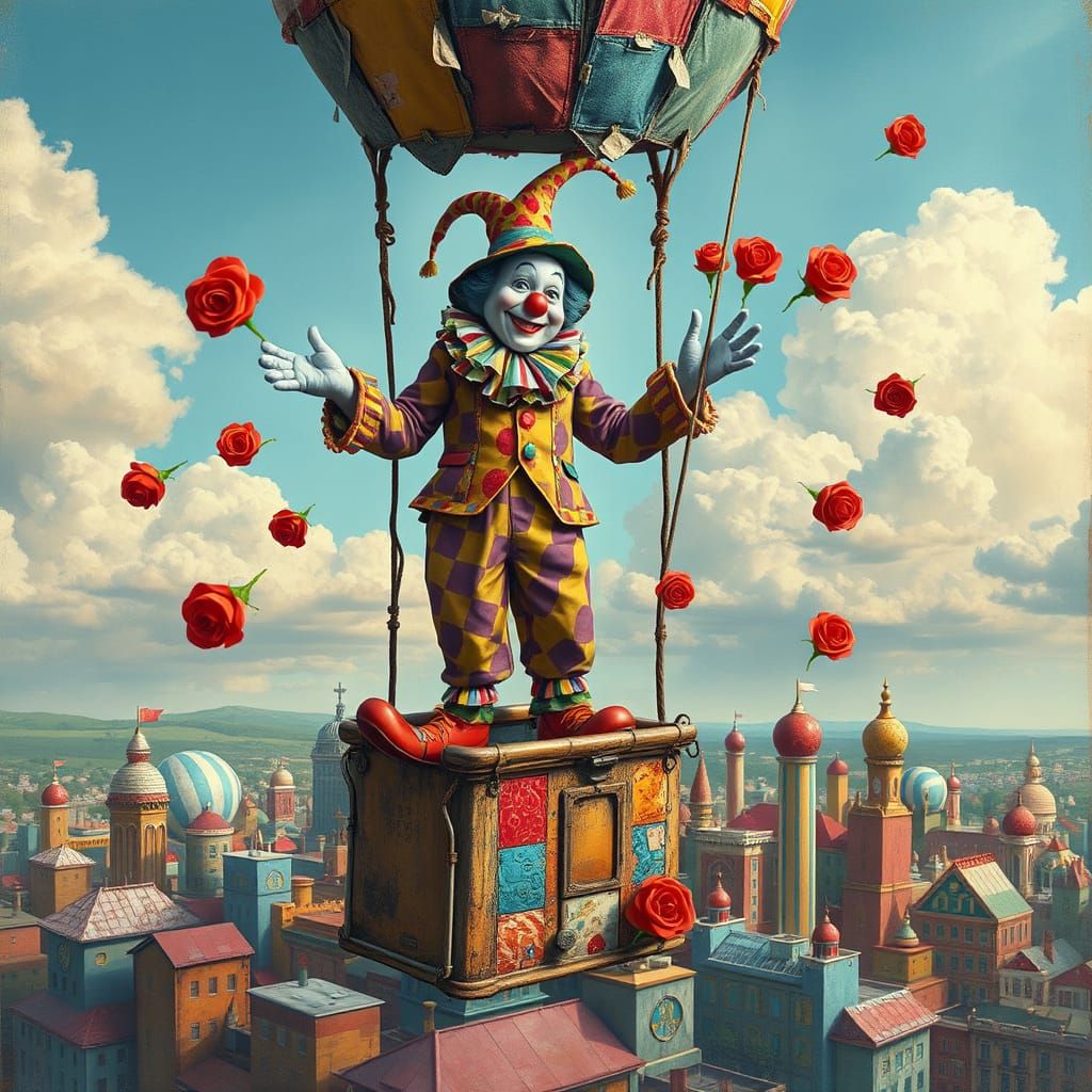 Vibrant Clown Rides Scrap Hot Air Balloon Above Sugar City