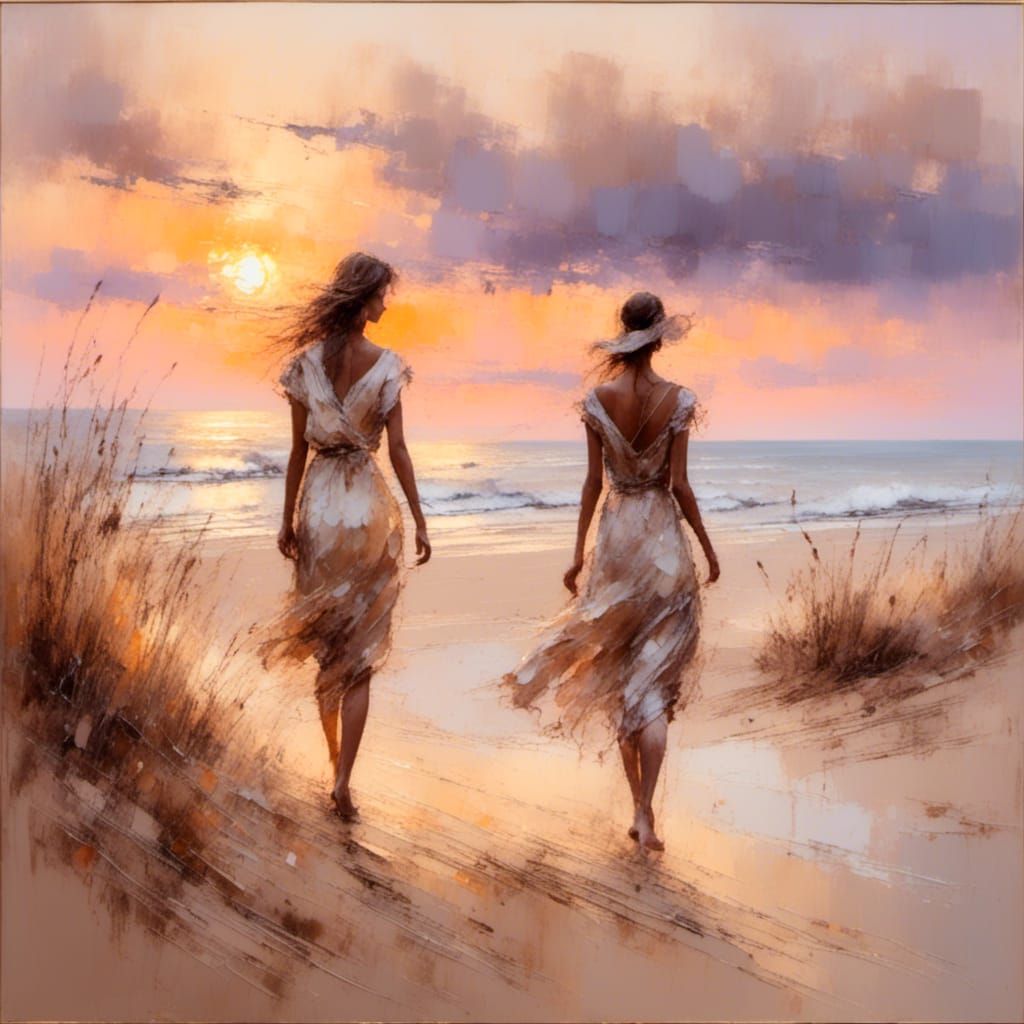 Women Walking on Beach at Sunset: Impressionist Painting