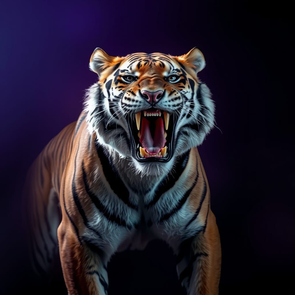 Majestic Tiger Roaring in Grayscale with Dramatic Shadows