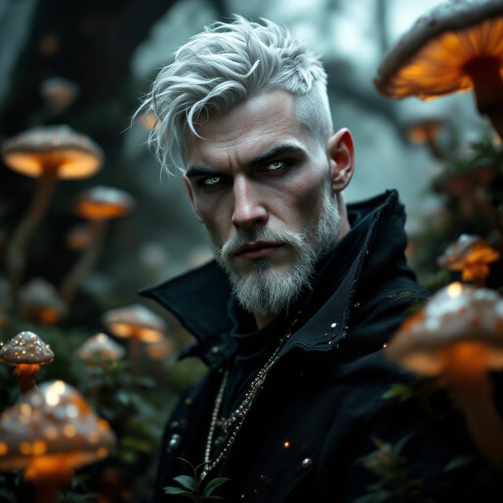 Confident British Vampiric Wizard in a Lush Mushroom Biome