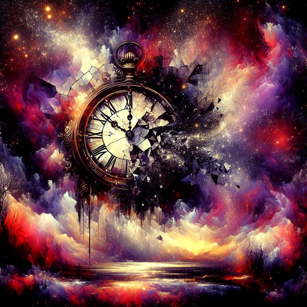 Shattered Clock in Void: Gothic Fantasy Illustration