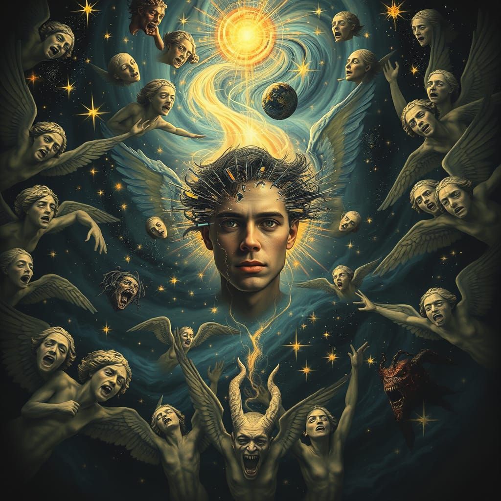 Surreal Cosmic Battle of Light and Dark Emotions