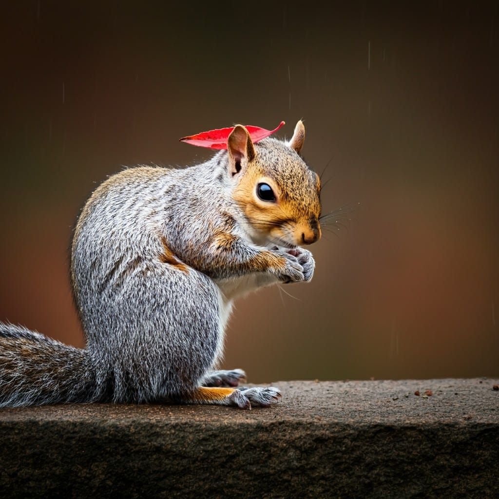 Squirrel Sheltering from Rain with Leaf: Wildlife Photograph...