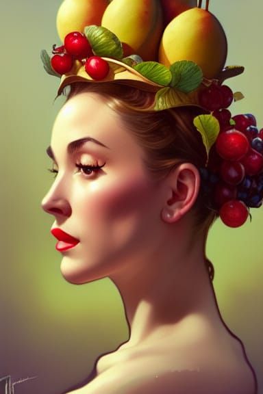 1950s Fruit Headdress Portrait in Digital Art Style