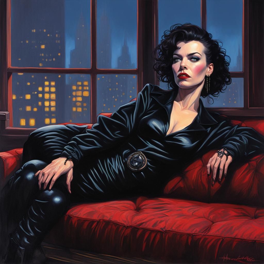 Gothic Debi Mazar in Neon Gotham, Oil Painting