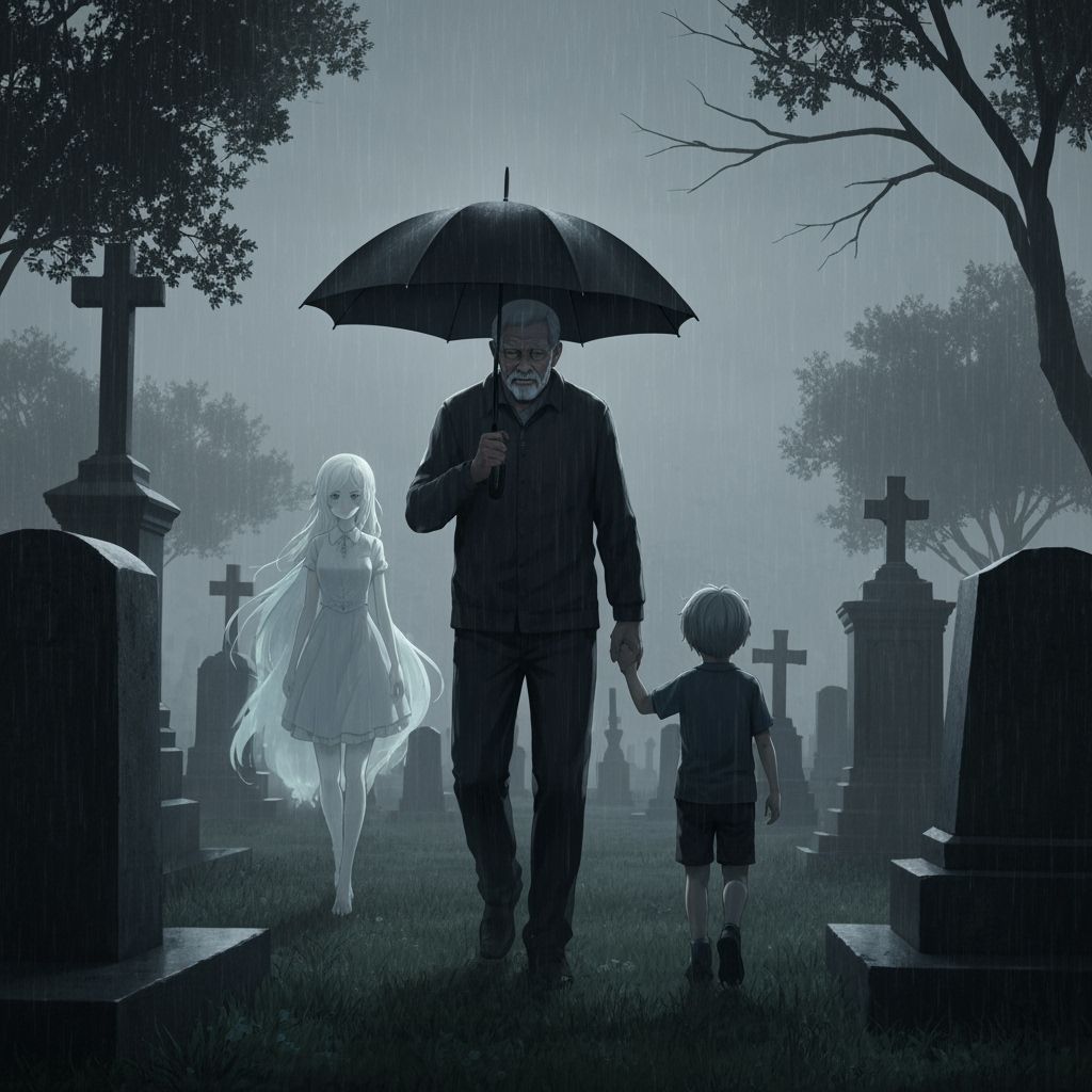 Sad Cemetery Scene: Man and Boy Walk in Rain