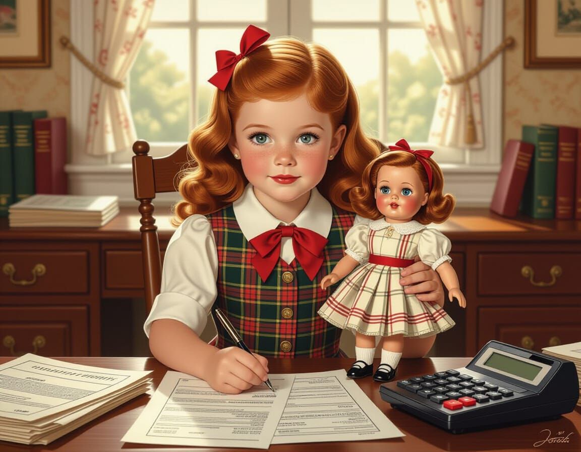 Redhead Girl with Doll in Whimsical Digital Art