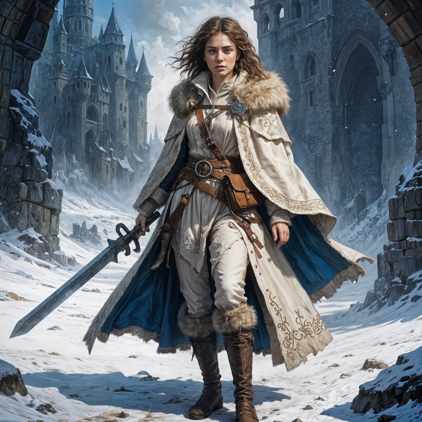 Woman with Sword: Oil Painting with Nordic Runes