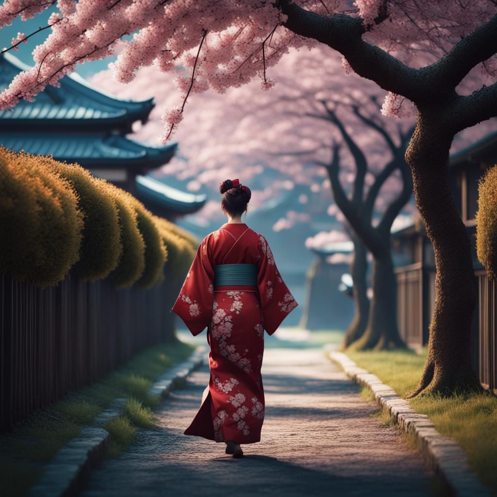 Woman in Kimono Under Cherry Blossom Tree