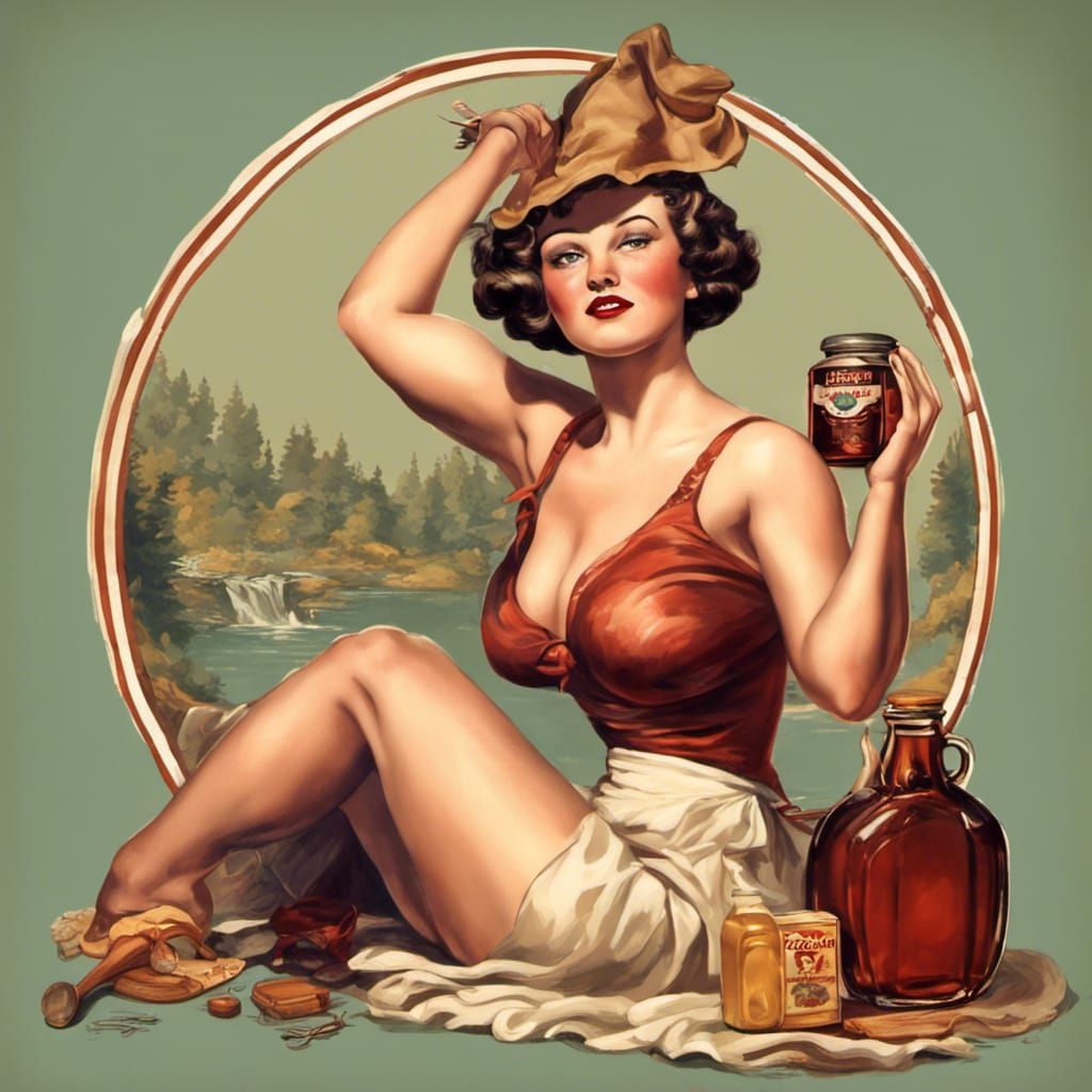 Pinup Girl with Giant Syrup Bottle, Detailed Matte Painting