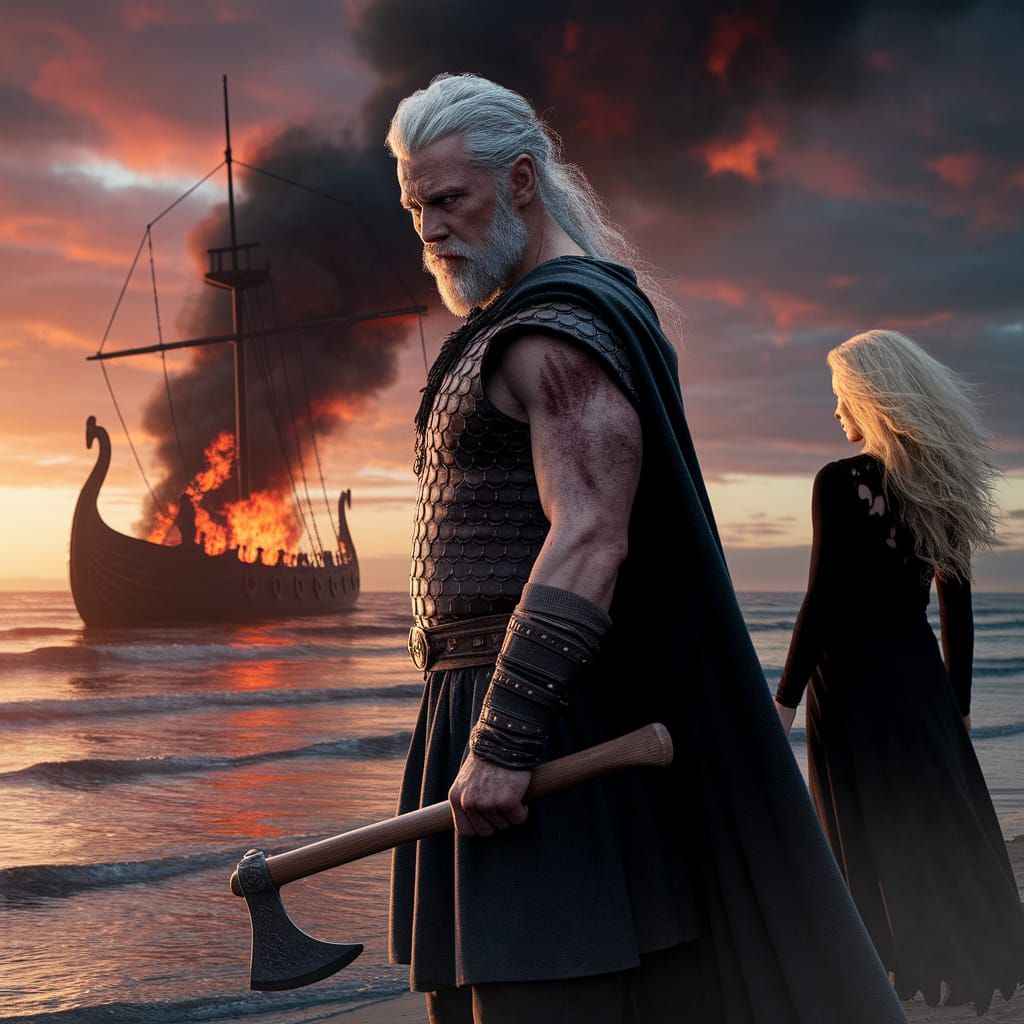 Viking Warrior Silhouetted Against Fiery Sunset