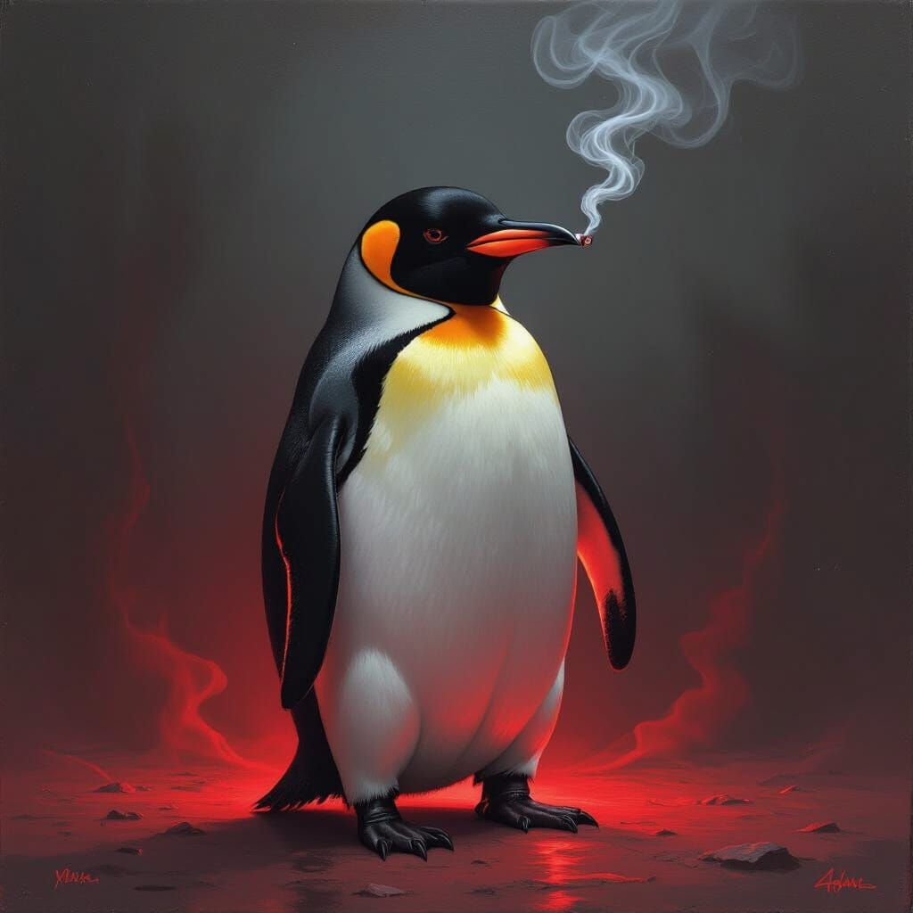 Surreal Penguin Smokes Cigarette in Haunting Neon Light