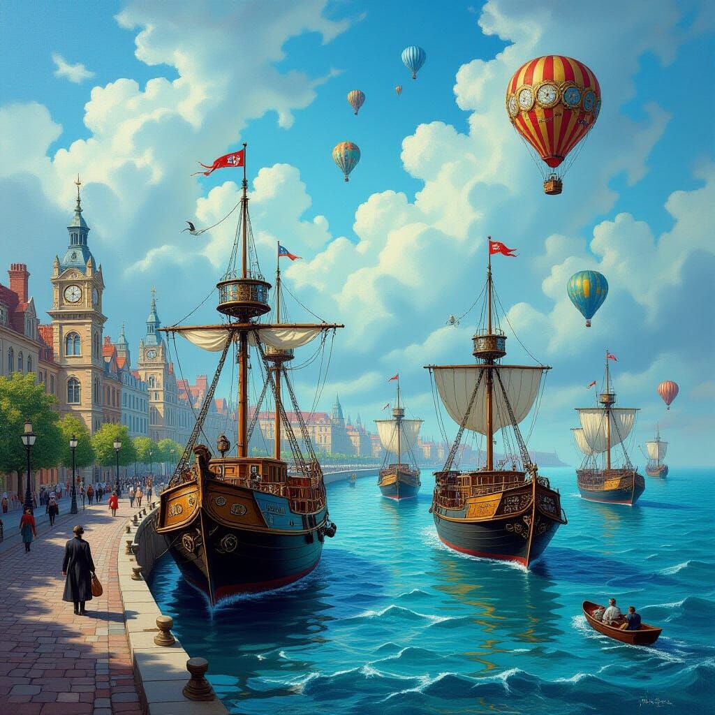 Steampunk Harbor in Victorian Oil Painting Style