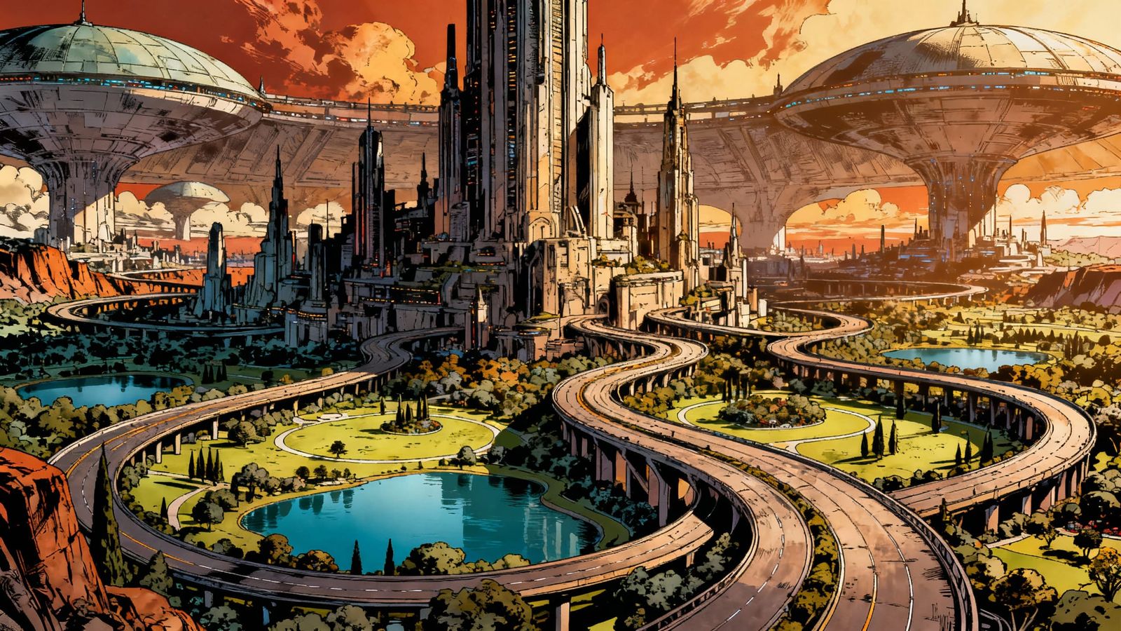Futuristic Comic Fantasy City Under a Red Sky