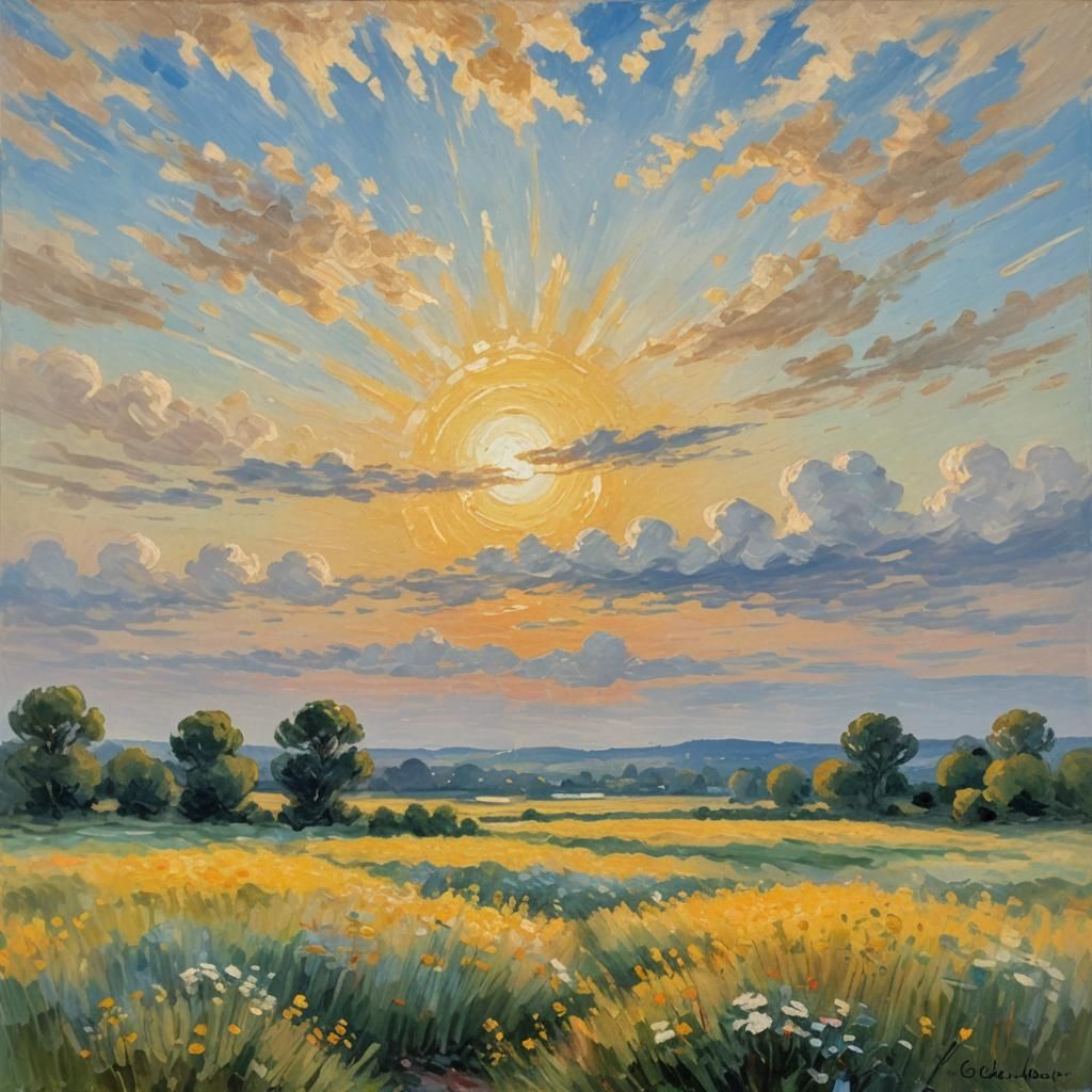 Impressionist Sun in Blue Sky, Oil on Canvas