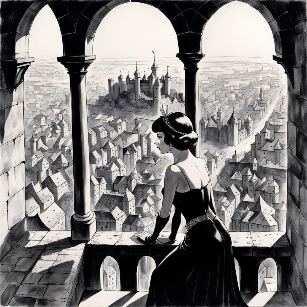 Queen Views City from Tower in Crepax Style