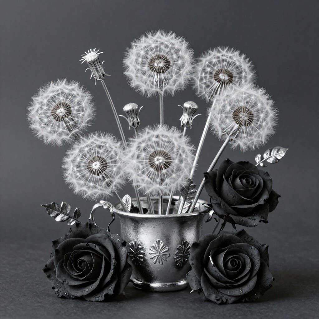 Silver Gelatin Photo of Dandelions and Roses