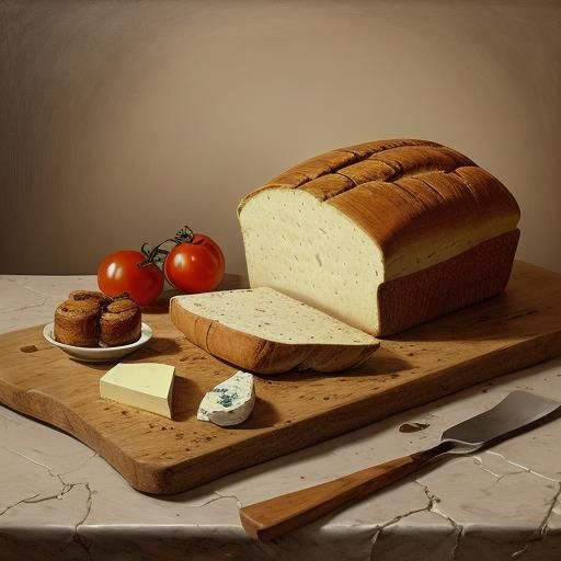 Hyperrealistic Still Life of Bread, Cheese, and Tomatoes