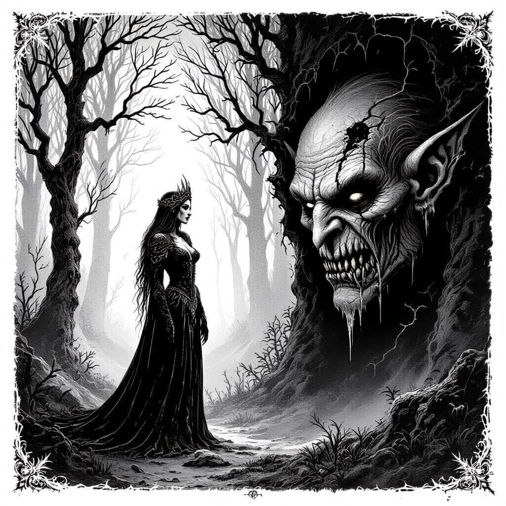 Goddess of Ice in Gothic Engraving Forest